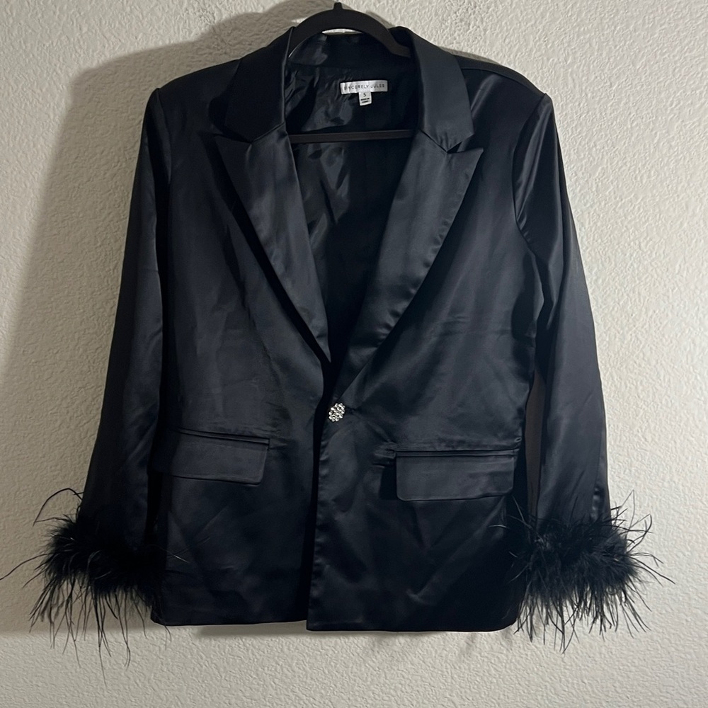 SINCERELY Jules women’s black satin jacket feather sleeves boho party Size S